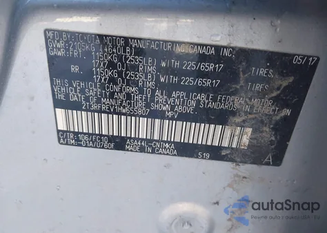 2017 Toyota Rav4 Xle из США, поврежденный, VIN 02T3RFREV1HW65580